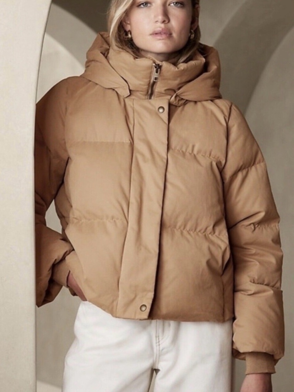 Banana Republic Women’s Hooded Puffer Jacket in Tan